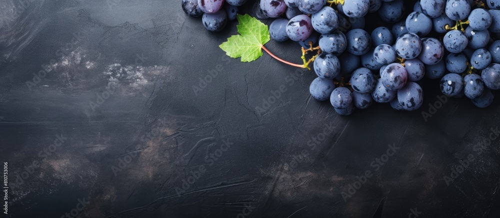 Poster the top view shows a collection of plump ripe blue grapes resting on a dark scratched surface in thi