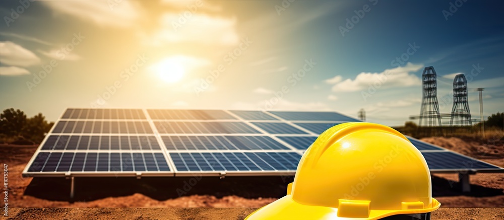 Poster a copy space image depicts the concept of solar panel energy against a natural background with the a