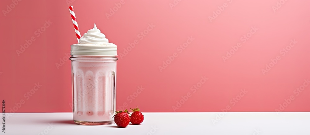 Poster copy space image of a refreshing strawberry milkshake in a jar adorned with a silver cap a red strip