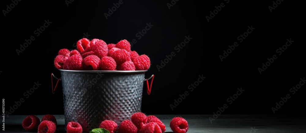 Poster A beautiful still life of an organic red raspberry placed in a decorative bucket with a dark background providing a copy space image