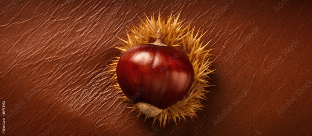 Aufkleber top view of an edible chestnut on a brown background with copy space image