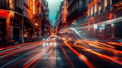 A motion blurred street at night, with light streaks and cars driving fast 
