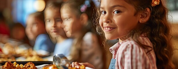 Happy child girl and other kids at buffet of cafeteria in elementary school or hotel.