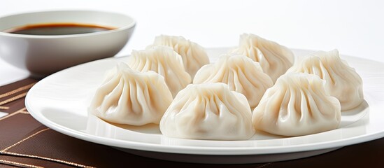 Traditional Chinese dim sum dumplings served on a white plate with an Asian aesthetic The composition is visually appealing providing a visually pleasing copy space image