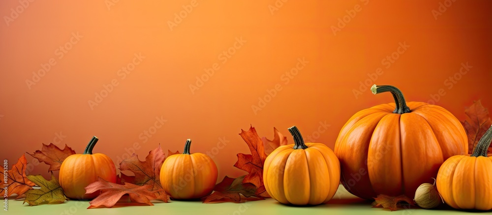 Aufkleber Fall themed background with pumpkins and maple leaves providing ample space for additional content Exemplifying the spirit of Halloween or Thanksgiving the image showcases pumpkins on an orange backd