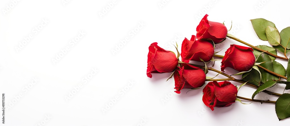 Poster A copy space image of red roses and an envelope with a feather set against a white background