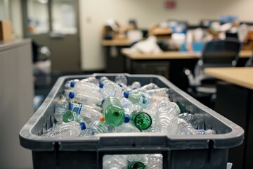 A closeup of a recycling bin in a corporate office overflowing with empty plastic water bottles and paper waste