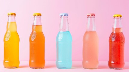 A row of colorful drinks with ice cubes and fruit slices - obrazy, fototapety, plakaty