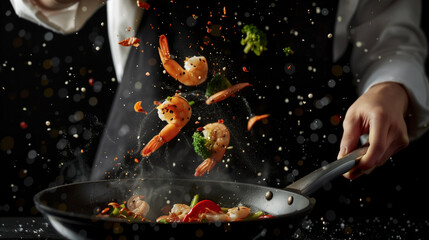 Chef cooks shrimp and asian food in a pan with steam on a black background with freeze in motion