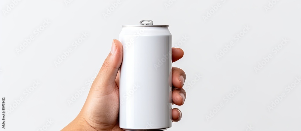 Poster A man is holding a white aluminum can with a clipping path creating a perfect copy space image