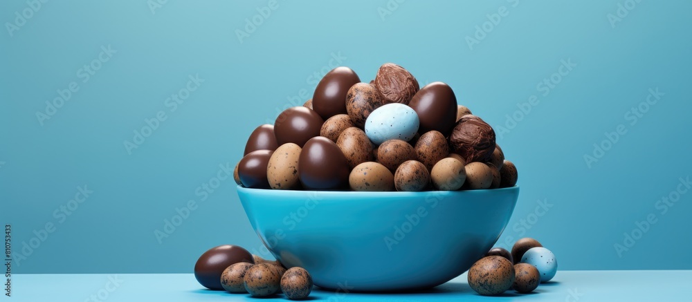 Leinwandbilder copy space image of an easter themed arrangement featuring chocolate eggs against a blue backdrop pr