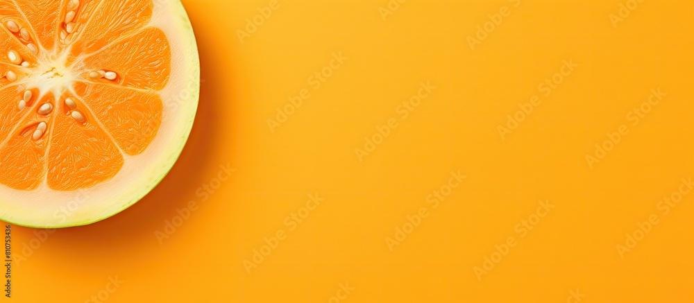 Poster Copy space image of a fresh melon slice arranged artistically on an orange background The flat lay offers a captivating top view creating a visually appealing banner