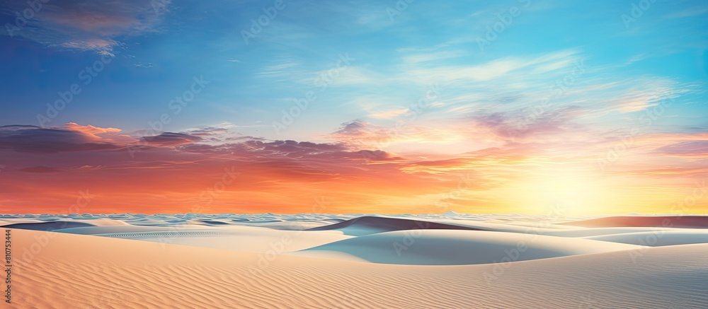 Poster a peaceful and relaxing summer concept of a desert beach at sunset with a white sandy background and