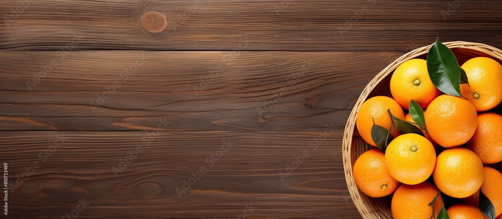 Aufkleber the copy space image shows a top view of a basket filled with freshly picked oranges resting on a wo