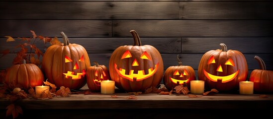 A creative autumn display featuring a glowing Jack o lantern vibrant pumpkins all set against a dark backdrop with ample space for adding text or images