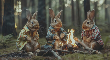 Cute family of rabbits wearing hipster clothes are sitting near the fire in the forest on a sunny summer evening