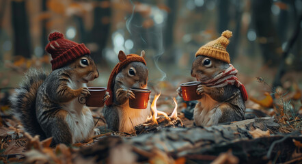 Photo of cute family of squirrels wearing hipster clothes are sitting near the fire in the forest on a sunny summer evening