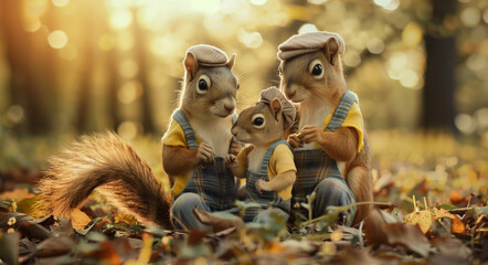 Photo of cute family of squirrels wearing hipster clothes are sitting together in the forest on a sunny summer evening