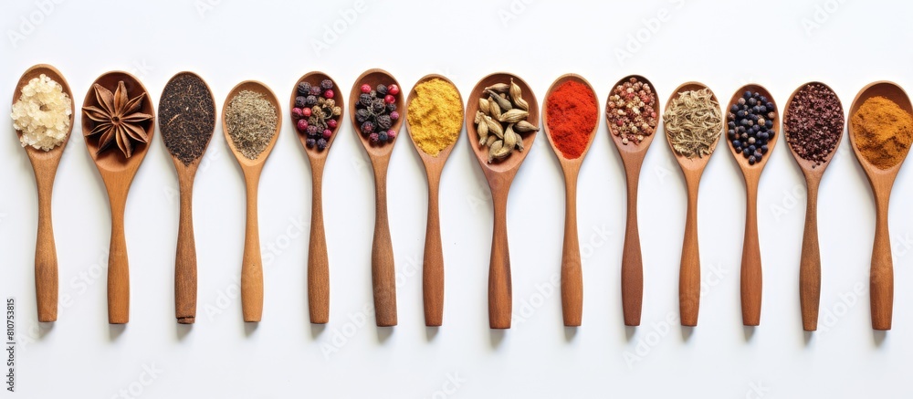 Poster A copy space image showing a variety of spices and herbs neatly arranged in wooden spoons on a white background