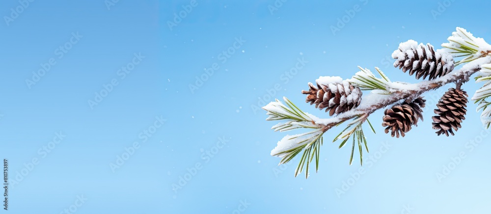 Aufkleber A snowy Christmas tree branch adorned with pine cones set against a light blue backdrop and accompanied by ample copy space for additional content