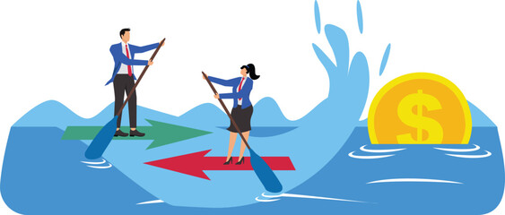 Different directions Business people rowing