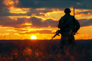 A soldier stands in a field at sunset, holding a rifle. The sky is filled with clouds, and the sun is setting in the distance. Scene is peaceful and serene, as the soldier stands alone in the field - obrazy, fototapety, plakaty