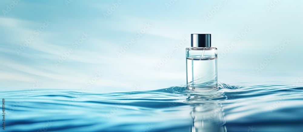Aufkleber A bottle of moisturizing cosmetic serum is shown against a blue background with water waves creating a serene copy space image