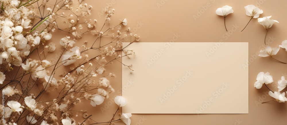 Fototapete a top down view of a greeting card mockup placed on a beige background accompanied by an envelope dr