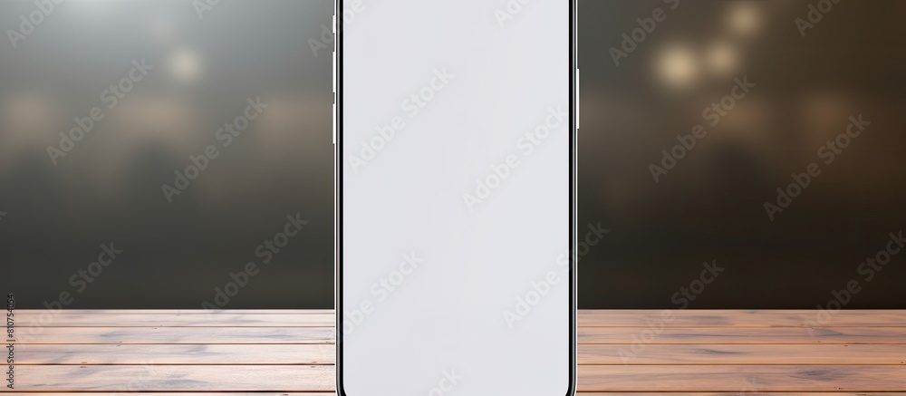 Poster a white smartphone is seen from the front leaning against a gray wall on a wooden table with an empt
