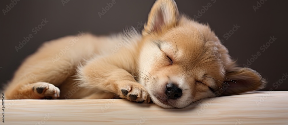 Poster The image portrays a small adorable puppy peacefully sleeping in the frame surrounded by empty space. Creative banner. Copyspace image