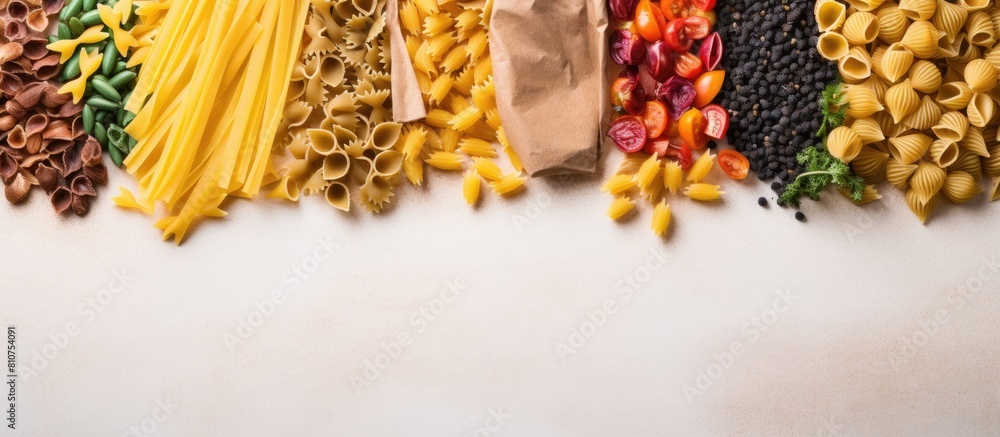 Poster A variety of colorful pasta is scattered on a white background inside a disposable brown kraft paper bag The image is captured from a top down perspective and there is ample empty space for text