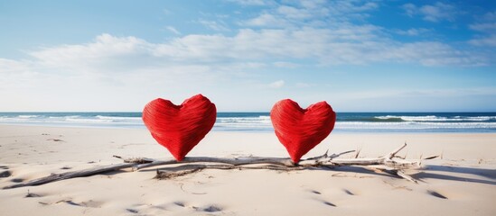 Fototapeta premium Two heart shaped cutouts in vibrant red color are attached to the tops of sticks creating a lovely and romantic picture against the backdrop of a sandy beach with an unoccupied area for additional im