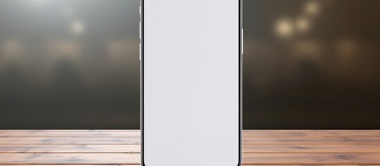 A white smartphone is seen from the front leaning against a gray wall on a wooden table with an empty area for text or images. Creative banner. Copyspace image