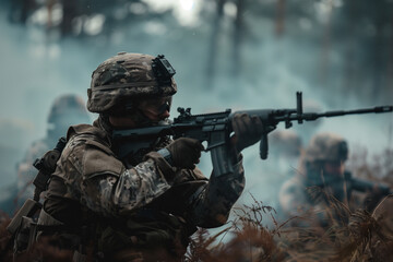 A man in a military uniform is holding a rifle and looking at the camera. Concept of tension and seriousness, as the man is in the midst of a battle or a dangerous situation - obrazy, fototapety, plakaty