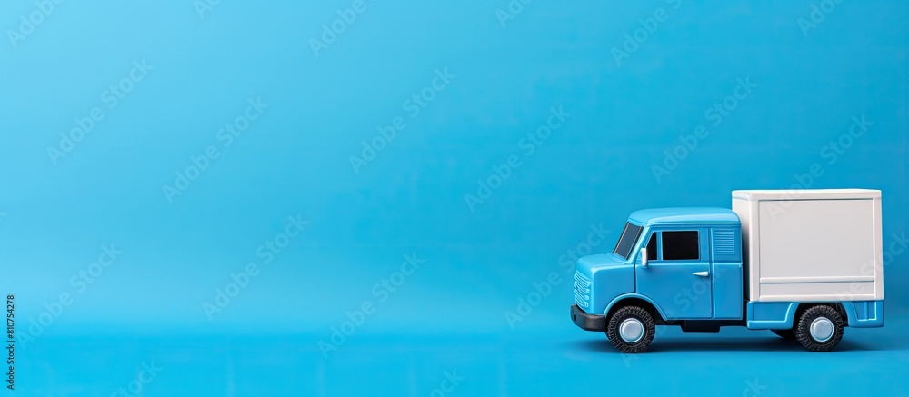 Aufkleber Logistics and wholesale concept portrayed through a copy space image of a toy truck with boxes viewed from above against a blue background