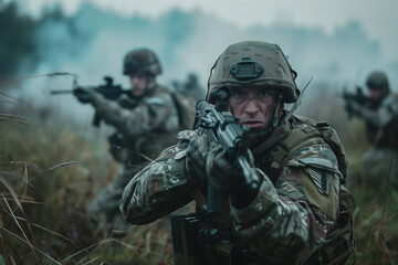 A man in a military uniform is holding a rifle and looking at the camera. Concept of tension and seriousness, as the man is in the midst of a battle or a dangerous situation