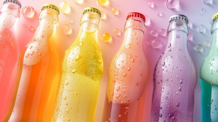 A row of six bottles of soda with different colors - obrazy, fototapety, plakaty