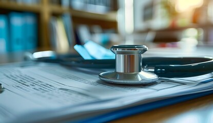 Obraz premium close up of medical documents and stethoscope on desk, blurred background with office space in the background, stock photo style photography,
