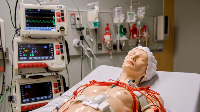 Medical training scenario featuring a mannequin connected to advanced monitoring equipment in a simulation laboratory.
