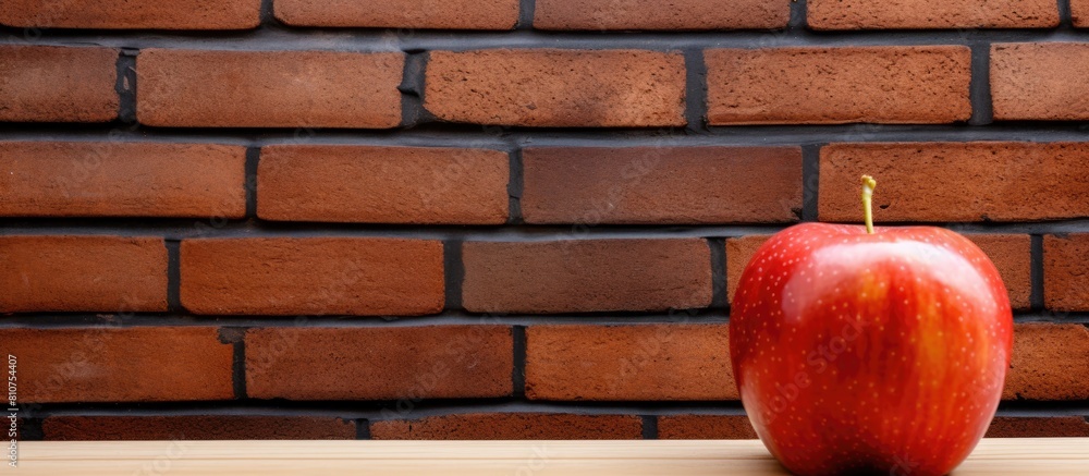 Aufkleber a copy space image of an apple placed on a wooden table with a red brick wall as the backdrop
