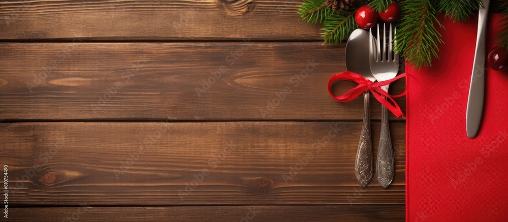 Aufkleber Top view of a red napkin with a wooden background showcasing a spoon knife and fork alongside a fir tree branch Ample copy space available for showcasing your content such as a menu or advertising