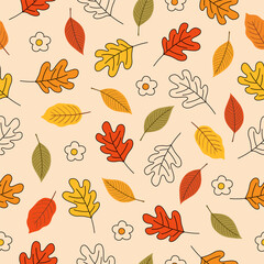Obraz premium Seamless pattern with autumn Leaves, acorns, pumpkin and oak leaves for wallpaper, gift paper, pattern fills, textile, fall greeting cards.
