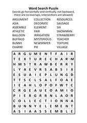 Word search puzzle (general knowledge, family friendly, words ARGUMENT - VILLAGE). Answer included.
