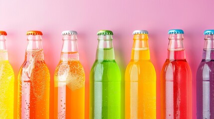 A row of colorful bottles of soda with bubbles in the top of each bottle - obrazy, fototapety, plakaty