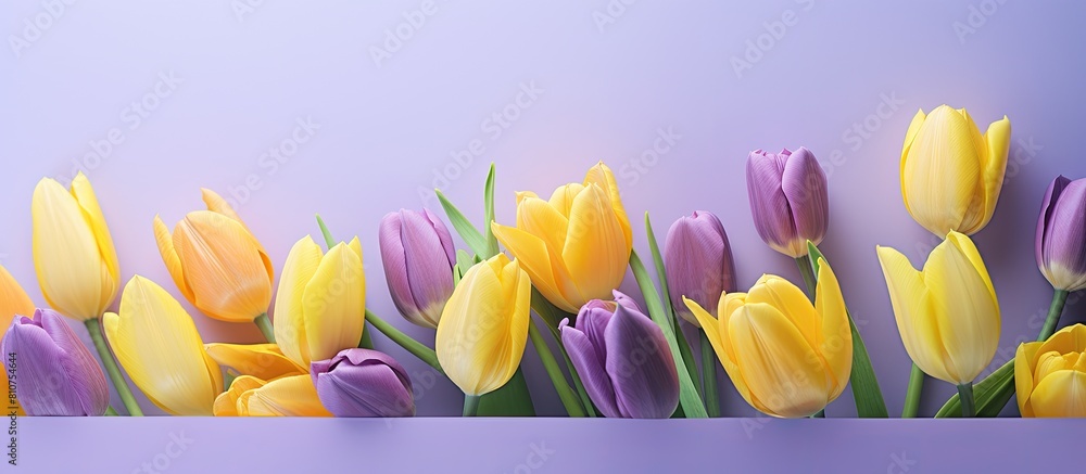 Poster a copy space image showcasing a vibrant backdrop filled with yellow and violet tulip bouquets