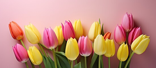 Colorful tulips in bright pink and yellow arranged in a beautiful bouquet captivate against a canvas backdrop leaving room for additional elements in the image