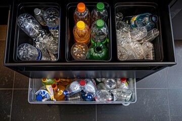 A drawer in a modern office space filled with numerous bottles of water and plastic cups