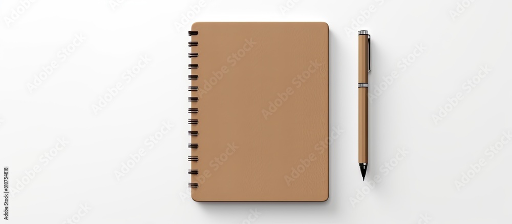 Fototapete A mockup of a high quality brown notebook and pen collection is presented from a top view in this design concept The image is isolated on a white background providing ample copy space