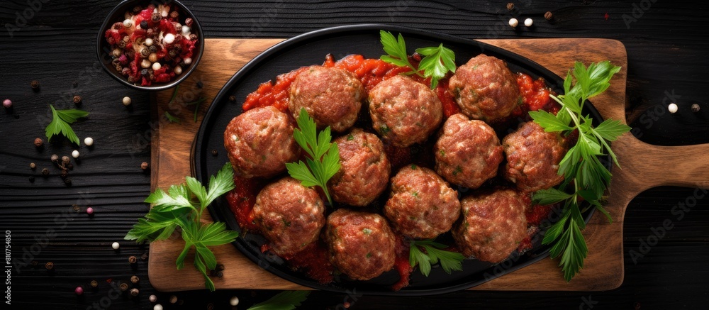 Poster A top down view of meatballs made from raw minced meat arranged on a black wooden table The image includes copy space for text purposes