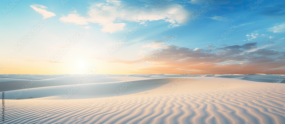 Poster A peaceful and relaxing summer concept of a desert beach at sunset with a white sandy background and ample copy space for your image